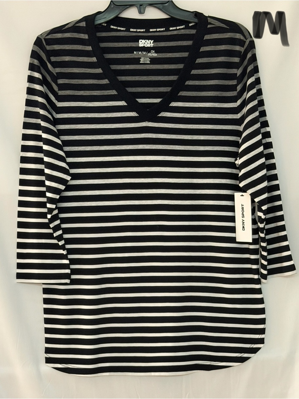 DKNY Black and White Striped V-Neck Long Sleeve Tee
